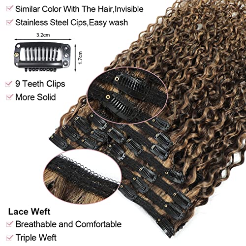 Urbeauty Curly Clip in Extensions Remy Human Hair Brown Highlight Blonde Natural Wavy Hair Extensions 18 Inch 120g Triple Weft Clip in Hair Extensions Full Head Kinky Curly Human Hair 4/27