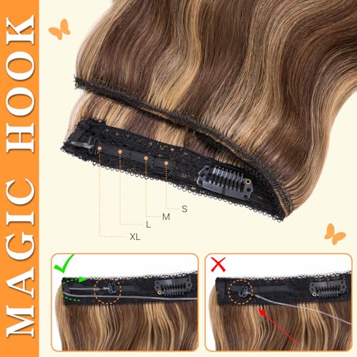 Halo Hair Extensions 14 Inch, 100% Real Human Hair, No Tangle & Smooth, Invisible Wire Extensions for Women, 60g, Wavy Curly #Wavy Medium Brown Mixed Dark Blonde