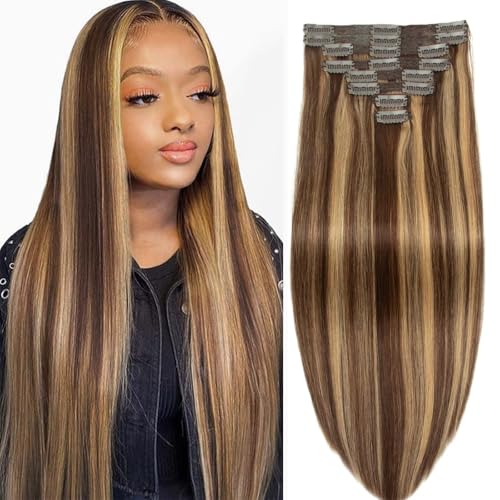 Clip in Hair Extensions Real Human Hair 20inch Human Hair Clip in Extensions Chocolate Brown and Honey Blonde Clip ins 100% Brazilian Human Hair Extension for Women Girls Seamless Clips in Human Hair