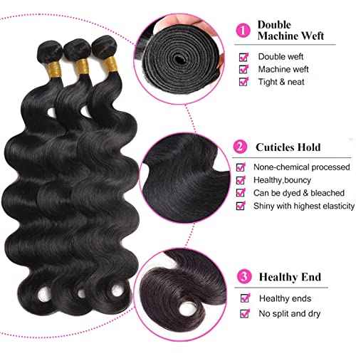 Body Wave Brazilian Virgin Bundles - Ocean Wave Natural Black 100% Unprocessed 3 Bundles (10 12 14 Inch) Weave Hair Extensions