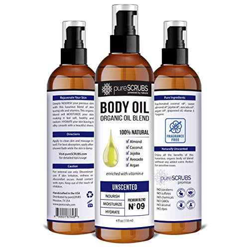 pureSCRUBS Ultra Moisturizing Unscented Body Oil Spray for Dry Skin, Massage, Stretch Marks, Organic Super Blend of Jojoba, Argan, Coconut, Sweet Almond & Avocado Oils Enriched with Vitamin E, Lg 4oz