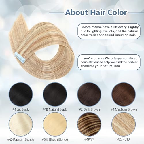 Tape in Hair Extensions Human Hair 100% Remy Hair 20pcs 50g/Pack Straight Seamless Invisible Skin Weft Extensions Easy to Apply and Style (Honey Blonde to Bleach Blonde,22 Inch)