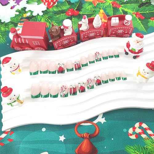 Christmas Press on Nails Square Green French Tip Fake Nails Mdeium with Candy Canes Gift Box Bow Design Nails Press on Glitter False Nails Xmas Glue on Nails Artificial Christmas Nails for Girls 24Pcs