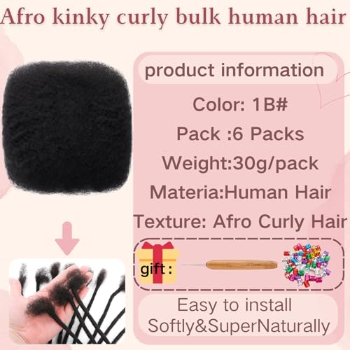 Afro Kinkys Bulk Human Hair for Dreadlock Extensions,Repair Locs, Twists and Braids, 180 Gram Each Package 100% Human Hair Afro Kinky Bulk Can be Dyed and Bleached (Natural Black, 10inch)