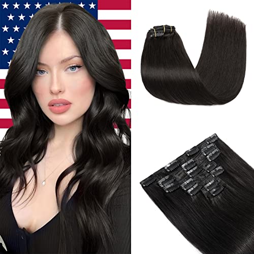 Elailite Clip in Human Hair Extensions, 125g 16 Inch 7pcs #1B Natural Black 100 Real Human Hair, Double Weft Handmade Soft Natural Straight Brazilian Virgin Remy Human Hair for Women