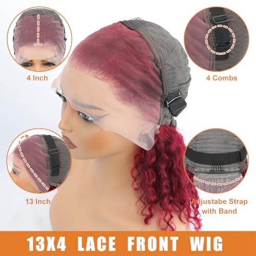 DJFG Deep Wave Lace Front Wigs Human Hair Curly Wig Human Hair HD Frontal 200 Density 13x6 Lace 99j Burgundy Red 14 Inch