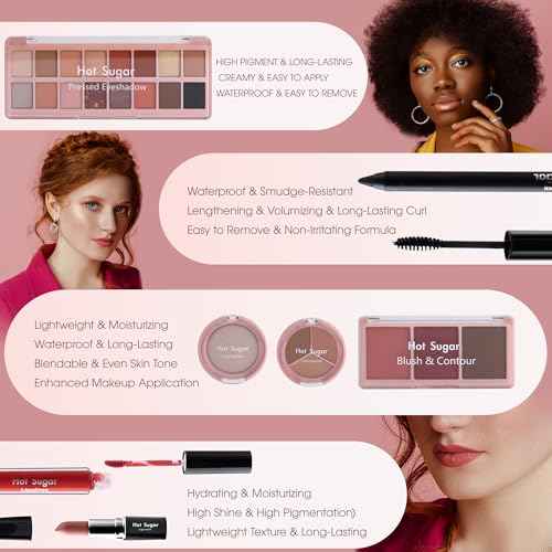 Hot Sugar All in One Makeup Kit, Makeup Set for Women, Girls Makeup Kit for Teens with Eyeshadow, Blush, Contour, Highlighter, Concealer, Lipstick, Lip Gloss, Eyeliner and Brush (Pink)