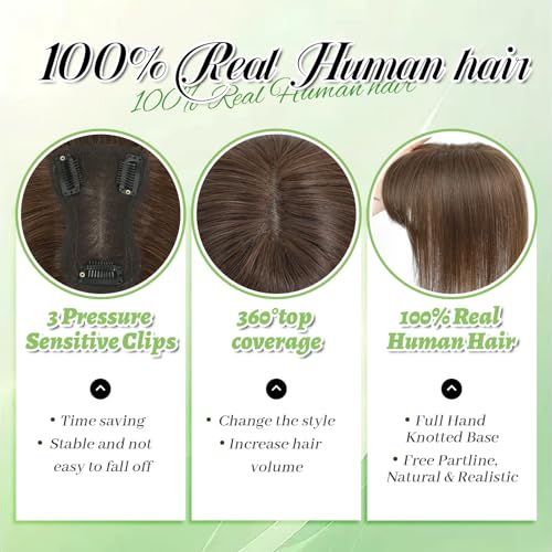 Hair Toppers for Women Real Human Hair Toppers with Bangs Hairpieces for Women with Thinning Hair 360¡Æ Cover Pieces 3 * 4.5 Swiss Base Hairpieces 10Inch (Medium Brown)