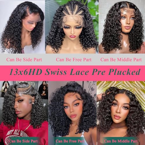 Bob Wig Human Hair 13x6 Deep Wave Hd Lace Front Wigs Human Hair 210% Density Frontal Wigs Glueless Wigs Human Hair Short Curly Bob Wigs for Women Pre Plucked With Baby Hair 12 Inch Human Hair Wig