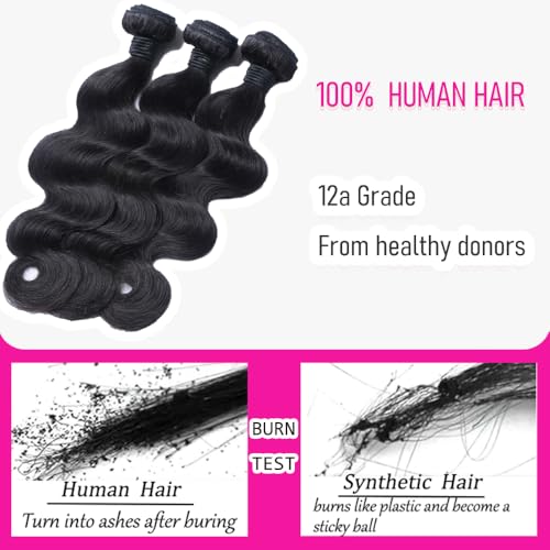 CHEEON Body Wave Bundles Human Hair 18 20 22 Inch Human Hair Bundles 12A Grade Unprocessed Brazilian Virgin Hair Extensions 3 Bundles Deal Natural Black