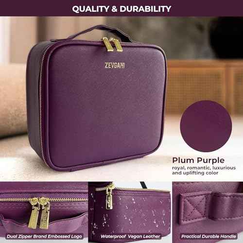 ZEVGANI Travel Makeup Bag with LED Mirror, Rechargeable Lighted Makeup Case with Adjustable Brightness & Dividers, Portable Makeup Box Organizer Vanity Case for Toiletries & Brushes, Plum Purple