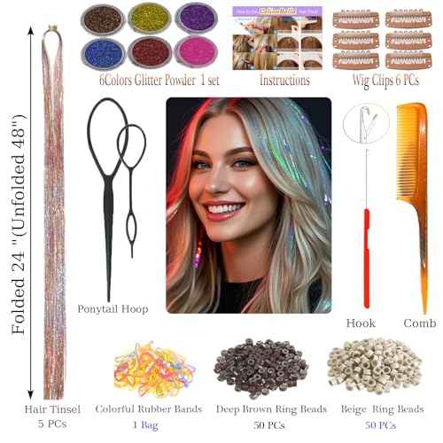Hair Tinsel Kit,Galaxy Pattern Tinsel Hair Extensions,Single Strands Mixed Colors,Gold Silver Pink Ombre Effect,3-Tones Gradient Fairy Hair for Kids Girls(48 Inch Pack of 5Pcs, Galaxy)