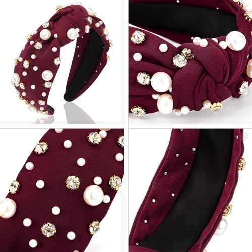 Pearl Knotted Rhinestone Wide Top Knot Beaded Jeweled Headbands for Women's Hair - Crystal Embellished for Christmas Holiday Gifts