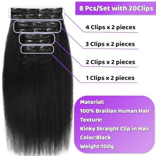 16 Inch Kinky Straight Clip ins 8Pcs 110g Clip in Hair Extensions Real Human Hair Yaki Straight Clipins for Black Women Full Head Brazilian Remy Hair Extensions Double Weft 20 Clips
