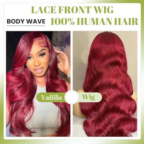 Burgundy Lace Front Wigs Human Hair 13x4 Body Wave 99j Burgundy Human Hair Wig with Free Part Pre Plucked HD Frontal 180 Density Glueless Colored Wig for Women 26 Inch