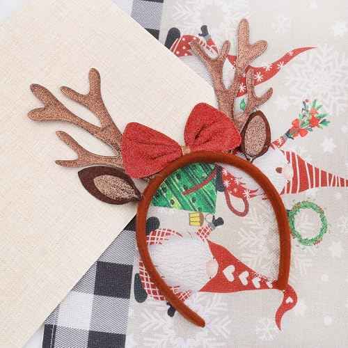 Brown Christmas Antlers Headband Reindeer Ears Headbands for Women Girls Glittery Deer Antler with Bow Hairband Christmas Holiday Hair Accessories 1PCS(Style 5)