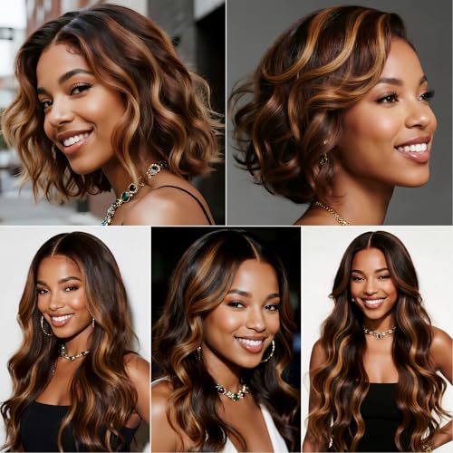 Body Wave Human Hair Bundles 22 24 26 Inch 3 Bundles Ombre Brown Highlight P4/30 Soft Bouncy Flowing Natural Hair Extensions for Women