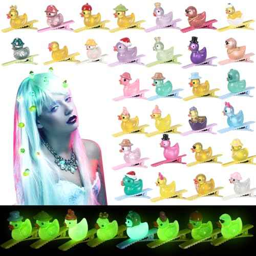 Amyhill 30 Pcs Halloween Mini Duck Hair Clips Funny Rave Sprout Clips for Women Multiple Styles Duck Glowing Resin Hairpins for Music Festival Hawaiian Christmas Party Gift