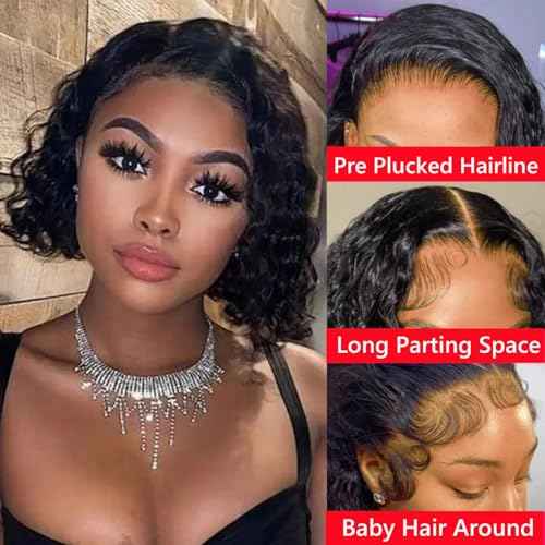 Nakkia 13x6 Deep Wave Bob Lace Front Wig Human Hair 13x6 Lace Frontal Wigs 180% Density Curly Bob Wig Human Hair Pre Plucked for Women Natural Black 12 Inch