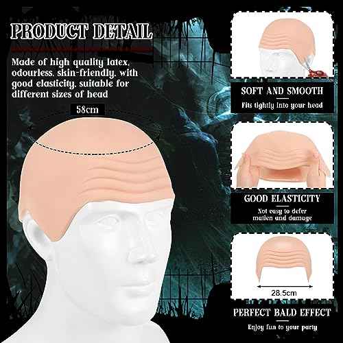 Syhood 4 Packs Halloween Bald Caps Makeup Latex Bald Head Wig Cap Bald Hat Costume Accessories for Women Men Adults(Nude,Medium)