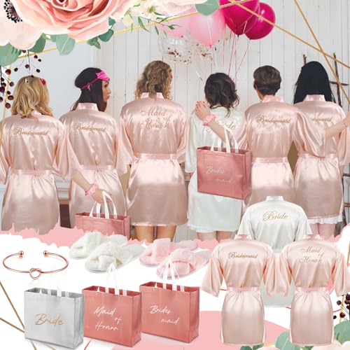 36 Pcs Bride Bridesmaid Robes Set of 6 Bridal Party Silk Satin Robes for Wedding Bachelorette Party Gifts(White,Pink)