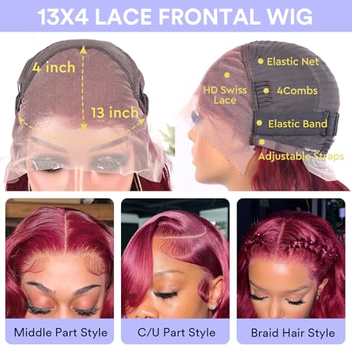 22 Inch 99j Burgundy Lace Front Wigs Human Hair 13x4 HD Red Burgundy Wig Human Hair 200% Body Wave Lace Front Wigs Pre Plucked Glueless Frontal Wigs for Women
