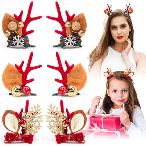 6 PCS Christmas Hair Clips Cute Reiner Antleders Ears Holiday Headpiece Hair Headbands for Women Girls Holiday Hairpins Christmas Outfits Hair Accessory Party Gift
