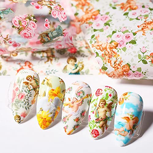 Nail Foil Transfer, DANNEASY 10 Sheets Angle Cupid Flower Design Nail Stickers Wraps Foil Nail Art Decals Manicure Strips DIY Nails Decoration Accessories