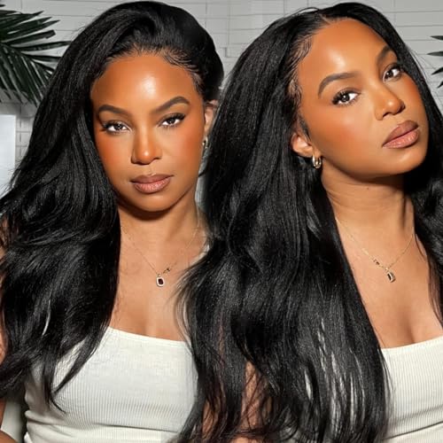 Sunber V Part Wig Human Hair Glueless Wig Kinky Straight Upgrade No Leave Out Vpart Kinky Straight Wigs 150% Density Glueless Clip in Half Wigs No Glue No Sew in Beginner Friendly 16Inch