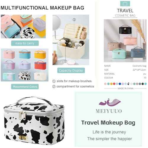 KITENROM Makeup Bag Portable Travel Cosmetic Bag with Brush Holder£¬Waterproof Make Up Bag For Women with Handle Print Cow