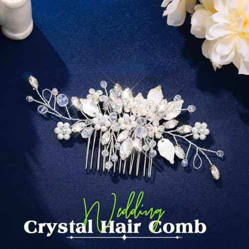 JEAIRTS Crystal Hair Comb Silver Bridal Pearl Headpiece Wedding Hair Accessories for Women