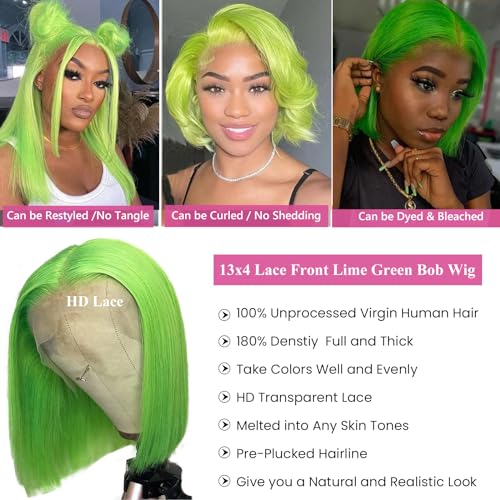 Lime Green Bob Wig Human Hair Lace Front Wigs 14 Inch 13x4 HD Lace Front Wigs Human Hair Pre Plucked Glueless Wigs Brazilian Virgin Human Hair Short Bob Wig for Women 180% Density Deep Part Hairline