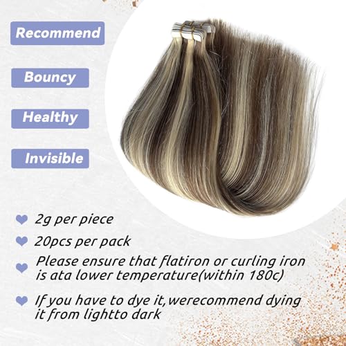Blonde Hair Extensions Tape in Human Hair Chestnut Brown to Blonde Highlights Remy Hair Extensions Skin Weft Tape in Real Hair Extensions Invisible Straight Tape in Extensions for Women 24"