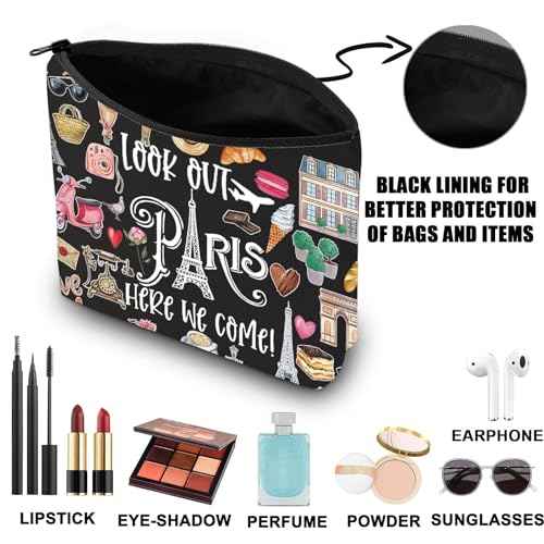 JNIAP Paris Themed Makeup Bag Paris Trip Gifts Paris Travel Bag Paris Toiletry Bag Paris Zipper Pouch Paris Makeup Pouch (look out paris black mb)