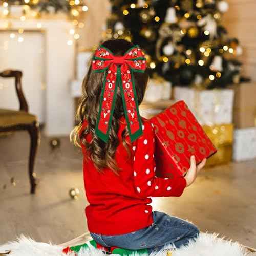 Christmas Bow Clips Pearl Rhinestone Christmas Tree JOLLY Decor Hair Bow Clip Christmas Holiday Party Hairpin Barrettes Accessories (red green JOY bow)