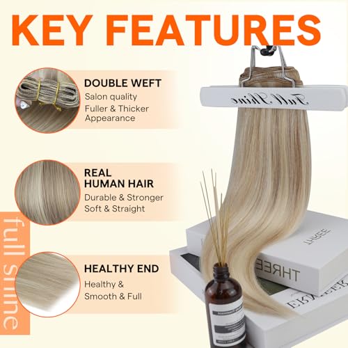 Full Shine Weft Hair Extensions Ash Blonde Hair Wefts Human Hair Sew in Blonde Highlight Human Hair Weft Extensions Full Ends Double Weft Remy Hair Extensions 20 Inch 105g #18/613