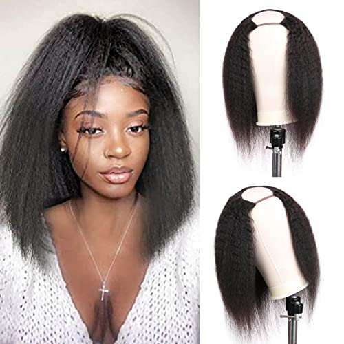 huarisi Kinky Straight Wigs U Part Human Hair Short Yaki Straight Wig for Black Women 9A Brazilian Hair Wigs 150 Density Upart Wig without Lace Easy to Install 14 inch