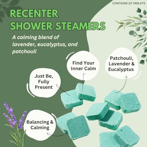Recenter Shower Steamers Aromatherapy for Relaxing - Christmas Gift - Adult Stocking Stuffer - USA Made - Lavender & Eucalyptus Shower Bomb Tablets - Soothing Natural Essential Oils (10 Pack)