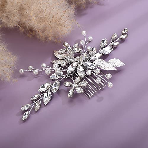Teyglen Silver Flower Leaf Headpiece Crystal Bridal Wedding Hair Comb for Women Bride Girls (Silver, 15*7cm/5.9*2.75inch, Alloy+Rhinestones + Crystal+Imitation pearls, 1 Count)