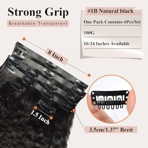 Clip in Hair Extensions Real Human Hair Clip ins Kinky Straight 100% Brazilian Virgin Hair PU Seamless Clip in Hair Extensions Human Hair for Women Natural Black 120 Gram 6 Pcs 20 Inch