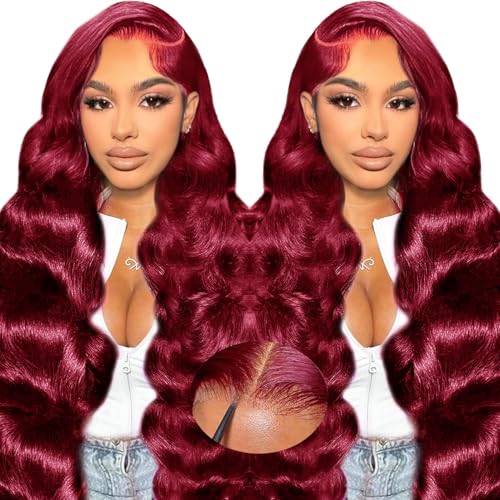 LuAiJa 9x6 Wine Red Body Wave Glueless Wigs Human Hair Dark Burgundy Wear and Go Glueless Wig 99J HD Lace Front Human Hair WIg 28 Inch Red Wigs Pre Everything 200% Density for Women