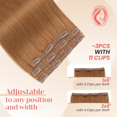 Elailite Clip in Hair Extensions Real Human Hair 3PCS Lace Weft Remy Hairpieces for Women 20 Inch 80g Light Auburn