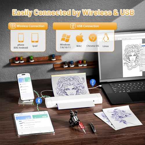 Tattoo Stencil Printer, M08F Wireless Thermal Tattoo Printer with 10pcs Transfer Paper, Compatible with Phone/Tablet/PC, Tattoo Machine for Tattoo Artists & Beginners, All White