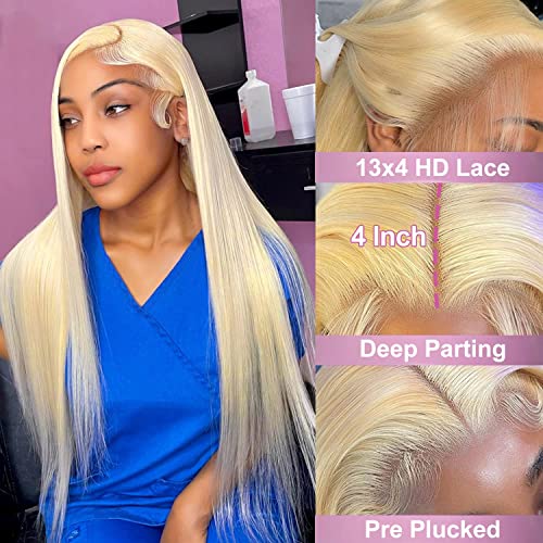 Myecool 613 Lace Front Wig Human Hair 13¡¿4 Straight 613 HD Lace Frontal Human Hair Wigs for Women Pre Plucked Bleached Knots With Baby Hair (22Inch, 150% Density Blonde Wig)