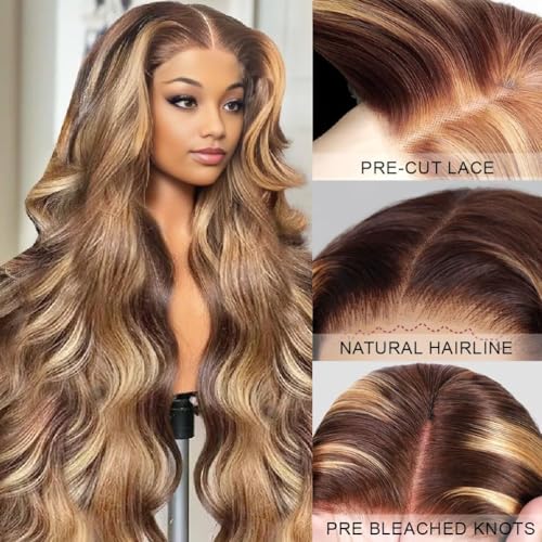 34 Inch Highlight Ombre Lace Front Wig Human Hair 200% Density Brown Highlighted Wig Human Hair 7x5 Highlight wigs human hair glueless wear and go Pre Plucked With Baby Hair Highlight Wig for Women