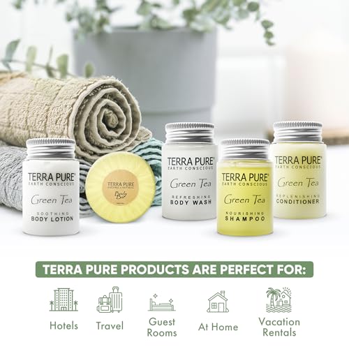 Terra Pure Hotel Soaps and Toiletries Bulk Set | 1-Shoppe All-In-Kit Amenities for Hotels | 1oz Hotel Shampoo & Conditioner, Body Wash, Body Lotion & 1.25oz Bar Soap Travel Size Toiletries | 75 Pieces