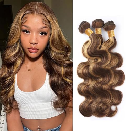 Ombre Human Hair Bundles P4/27 Body Wave Bundles Human Hair Highlight Brown 3 Bundles 10 12 14 Inches 100% Unprocessed Brazilian Virgin Weave Human Hair Extensions