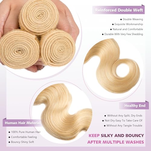 613 Bundles Human Hair Body Wave 12 14 16 Inch Blonde Human Hair 3 Bundles 12A Grade 100% Unprocessed Brazilian Virgin Hair 613 Body Wave Bundle 300G Machine Double Weft