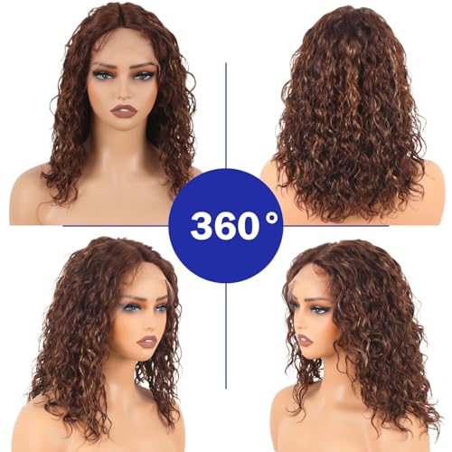 Ombre Deep Wave Lace Front Wigs Wear and Go Glueless Wigs Human Hair Pre Plucked Pre Cut Wet and Wavy Lace Front Wigs 180% Density T Part Honey Blonde and Brown Mixed Wig(FS4/27,16inch)