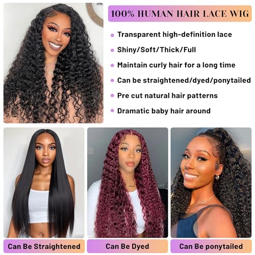20 Inch Deep Wave Lace Front Wigs Human Hair Pre Plucked 13x4 HD Transparent Lace Frontal Wigs Human Hair 180% Density Deep Curly Glueless Wigs Human Hair for Women